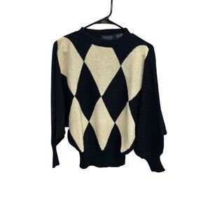 Michael C Argyle Knit Sweater Crewneck Batwing Sleeves Ribbed Hem Size M Classic